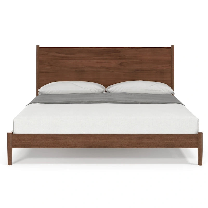 Scandinavian Panel Bed with Rounded Legs and Wood Slat Foundation