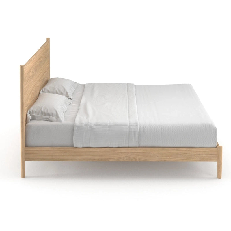 Scandinavian Panel Bed with Rounded Legs and Wood Slat Foundation