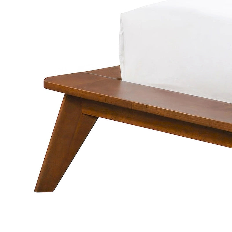 Low-Profile Walnut Platform Bed with Bouclé Wingback Headboard and Wood Legs
