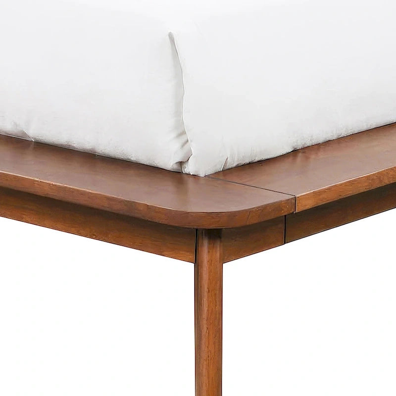 Low-Profile Walnut Platform Bed with Bouclé Wingback Headboard and Wood Legs