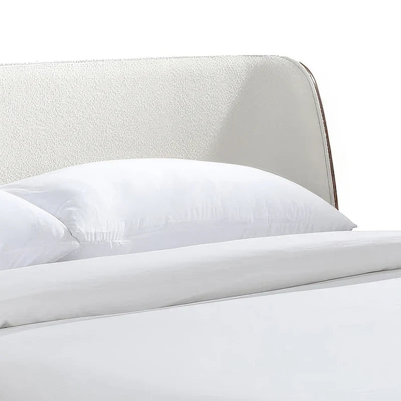 Low-Profile Walnut Platform Bed with Bouclé Wingback Headboard and Wood Legs