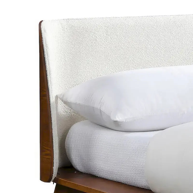 Low-Profile Walnut Platform Bed with Bouclé Wingback Headboard and Wood Legs