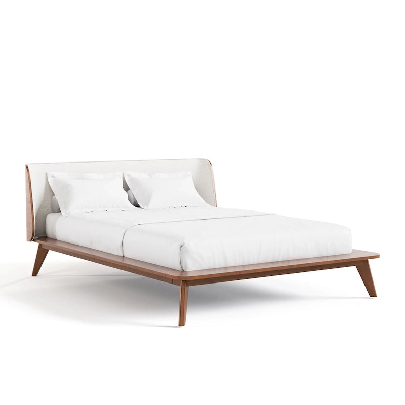 Low-Profile Walnut Platform Bed with Bouclé Wingback Headboard and Wood Legs