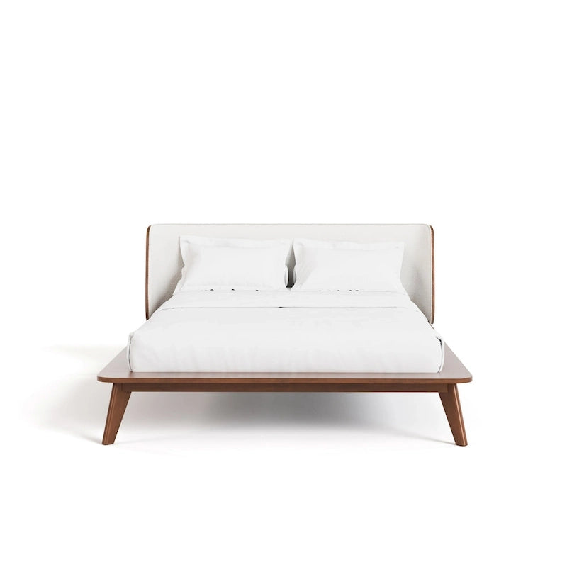 Low-Profile Walnut Platform Bed with Bouclé Wingback Headboard and Wood Legs