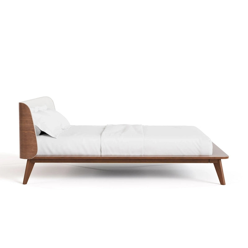 Low-Profile Walnut Platform Bed with Bouclé Wingback Headboard and Wood Legs
