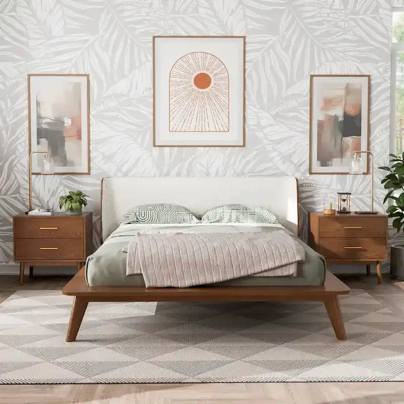 Low-Profile Walnut Platform Bed with Bouclé Wingback Headboard and Wood Legs