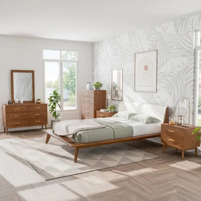 Low-Profile Walnut Platform Bed with Bouclé Wingback Headboard and Wood Legs