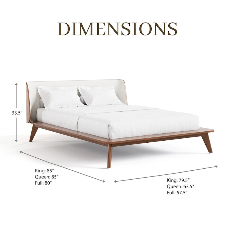 Low-Profile Walnut Platform Bed with Bouclé Wingback Headboard and Wood Legs