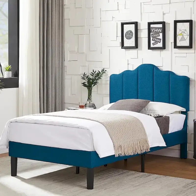 Upholstered Platform Bed Frame with Adjustable Headboard and Wood Slats