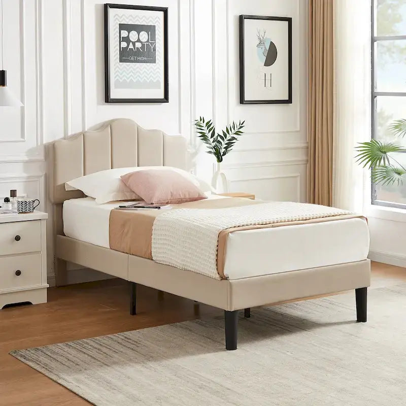 Upholstered Platform Bed Frame with Adjustable Headboard and Wood Slats