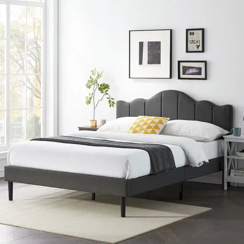 Upholstered Platform Bed Frame with Adjustable Headboard and Wood Slats