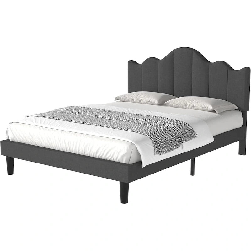Upholstered Platform Bed Frame with Adjustable Headboard and Wood Slats