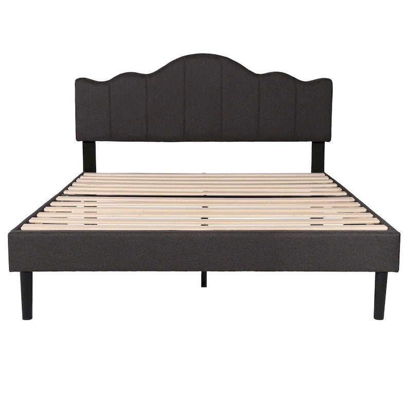 Upholstered Platform Bed Frame with Adjustable Headboard and Wood Slats