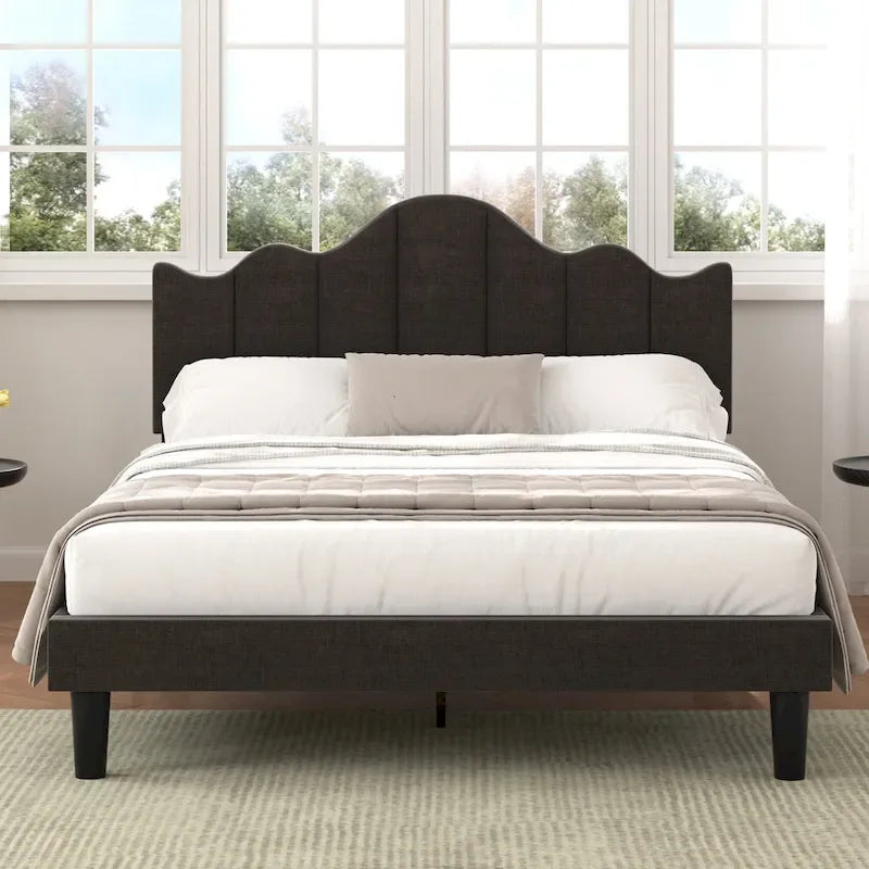 Upholstered Platform Bed Frame with Adjustable Headboard and Wood Slats