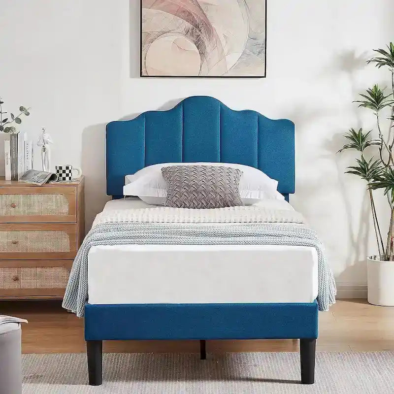 Upholstered Platform Bed Frame with Adjustable Headboard and Wood Slats