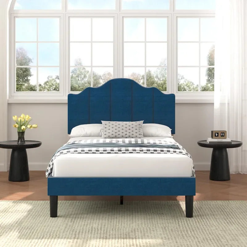 Upholstered Platform Bed Frame with Adjustable Headboard and Wood Slats