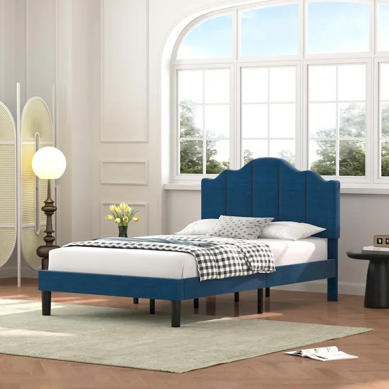 Upholstered Platform Bed Frame with Adjustable Headboard and Wood Slats
