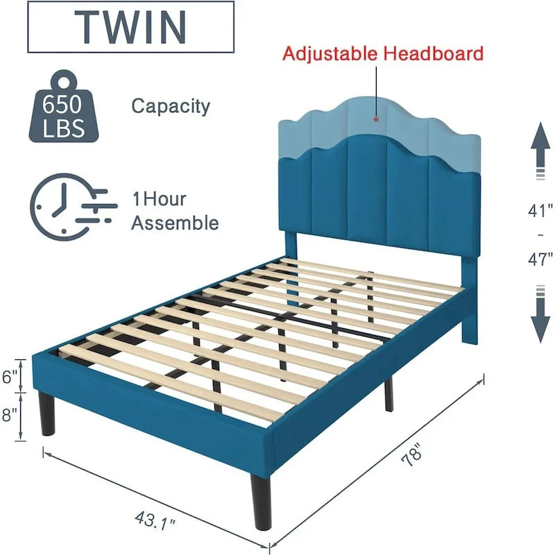 Upholstered Platform Bed Frame with Adjustable Headboard and Wood Slats