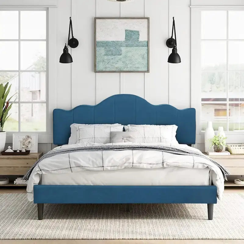 Upholstered Platform Bed Frame with Adjustable Headboard and Wood Slats