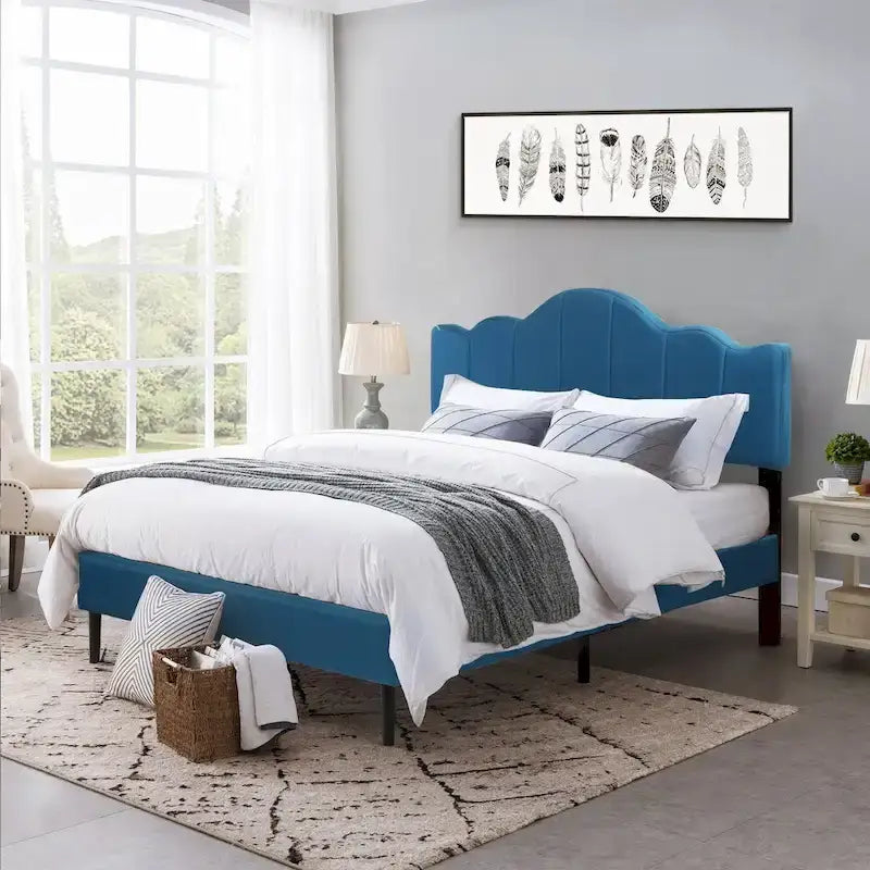 Upholstered Platform Bed Frame with Adjustable Headboard and Wood Slats