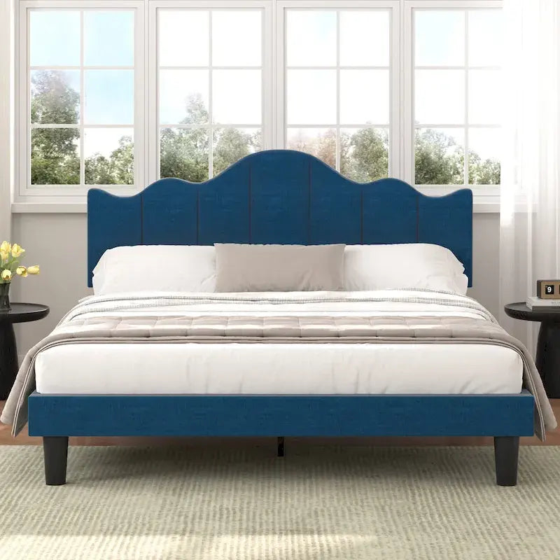 Upholstered Platform Bed Frame with Adjustable Headboard and Wood Slats