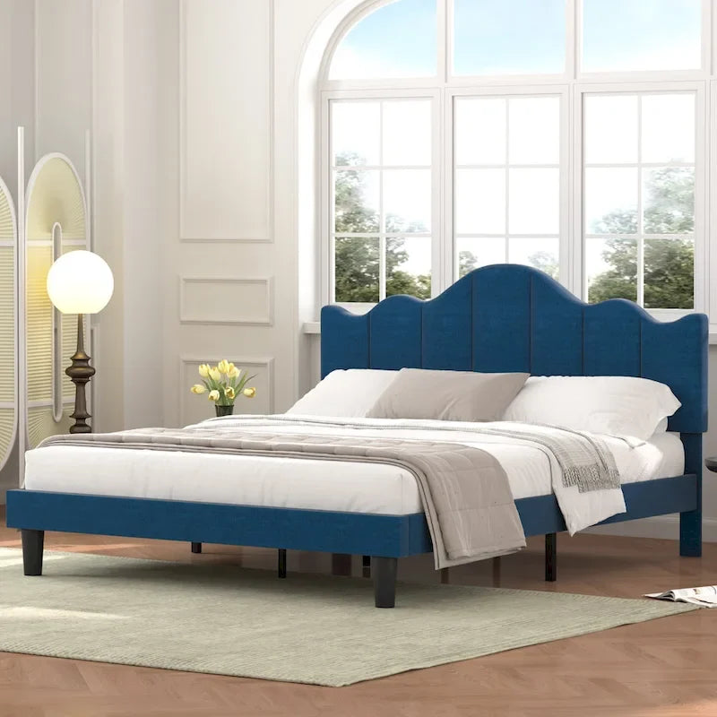 Upholstered Platform Bed Frame with Adjustable Headboard and Wood Slats