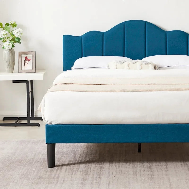 Upholstered Platform Bed Frame with Adjustable Headboard and Wood Slats