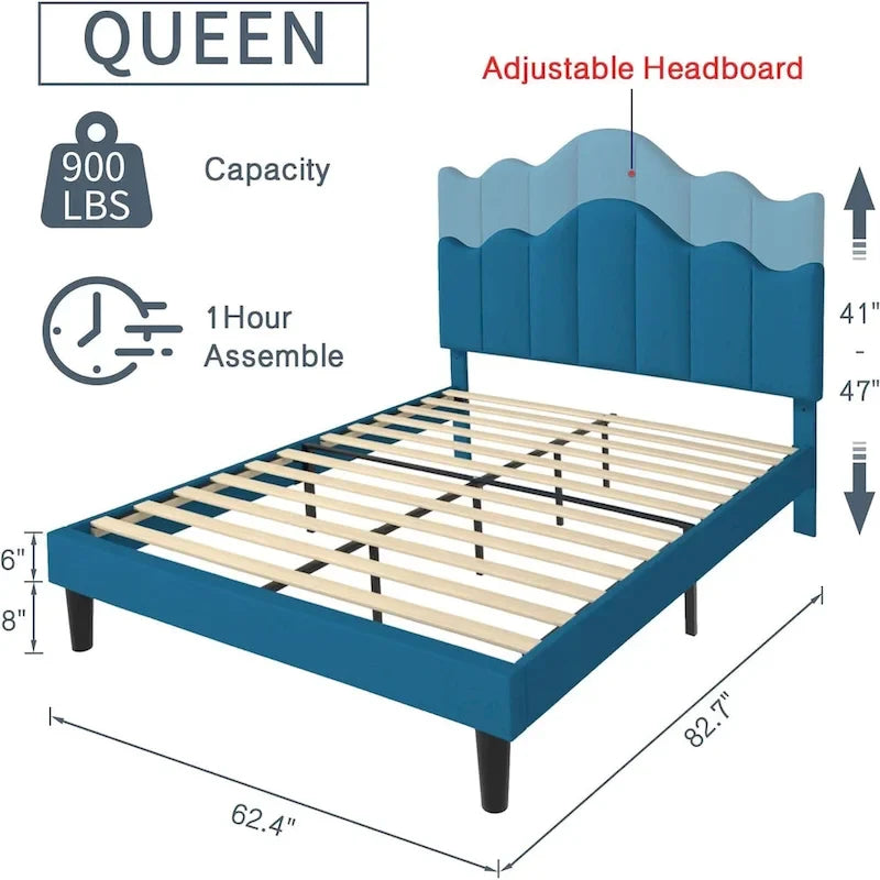 Upholstered Platform Bed Frame with Adjustable Headboard and Wood Slats