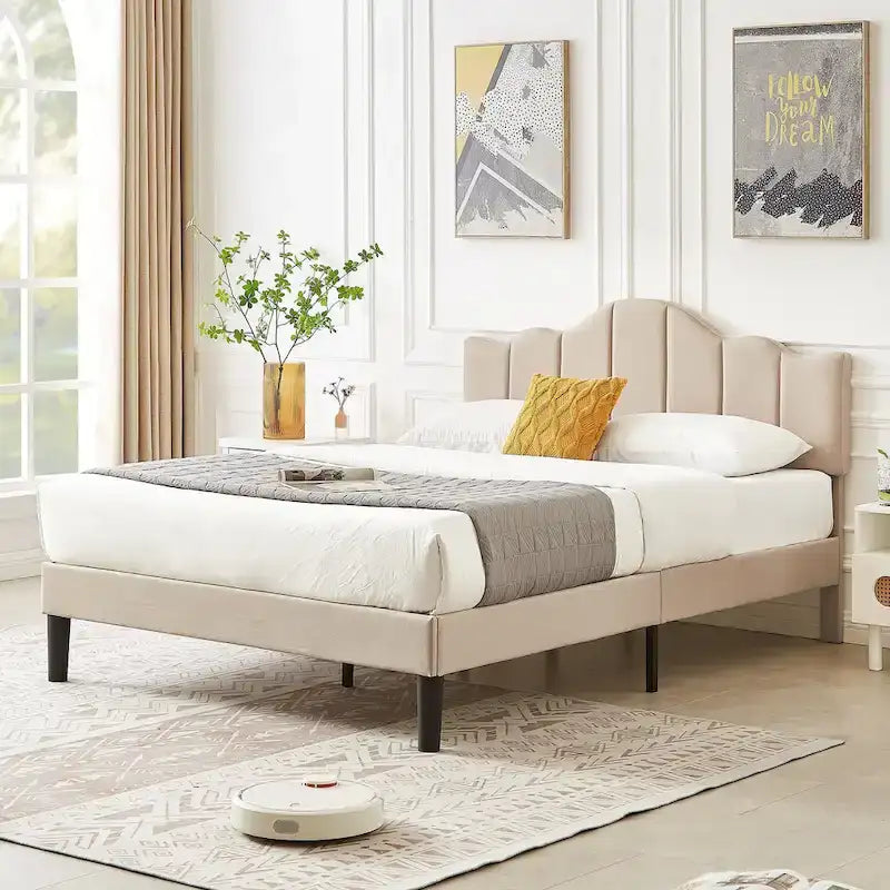 Upholstered Platform Bed Frame with Adjustable Headboard and Wood Slats