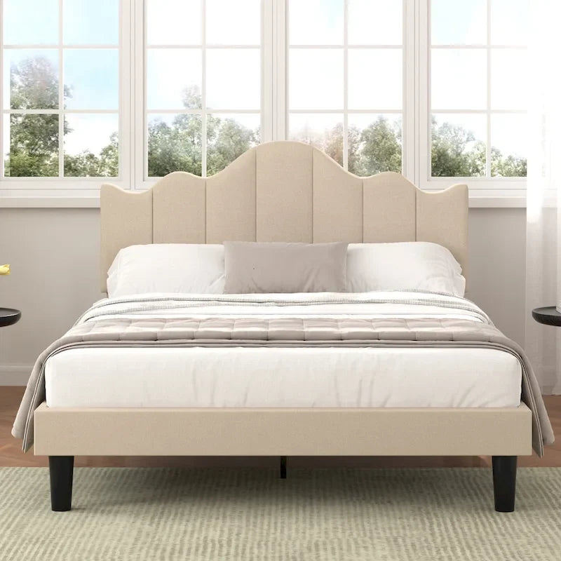 Upholstered Platform Bed Frame with Adjustable Headboard and Wood Slats