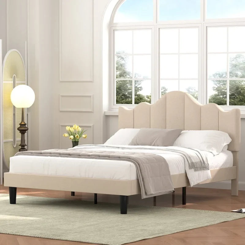 Upholstered Platform Bed Frame with Adjustable Headboard and Wood Slats