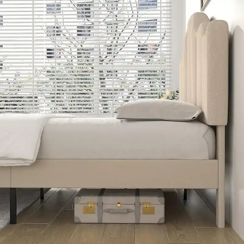 Upholstered Platform Bed Frame with Adjustable Headboard and Wood Slats