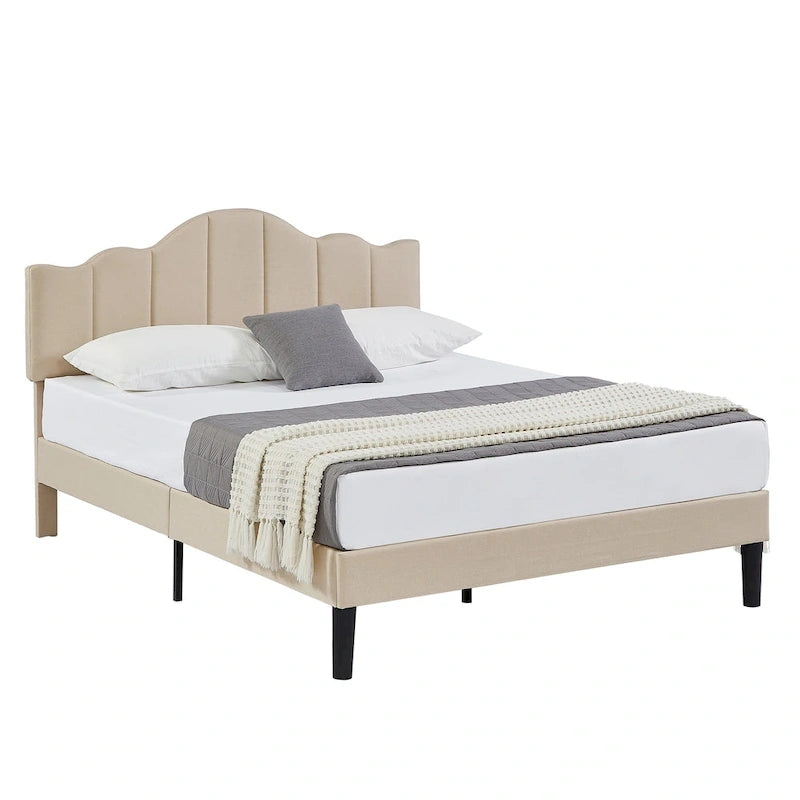 Upholstered Platform Bed Frame with Adjustable Headboard and Wood Slats