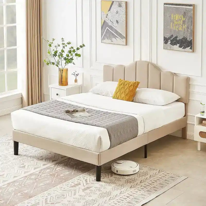 Upholstered Platform Bed Frame with Adjustable Headboard and Wood Slats