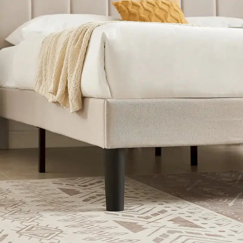 Upholstered Platform Bed Frame with Adjustable Headboard and Wood Slats