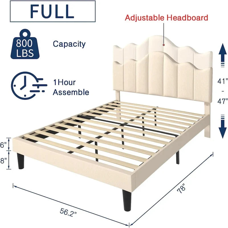 Upholstered Platform Bed Frame with Adjustable Headboard and Wood Slats