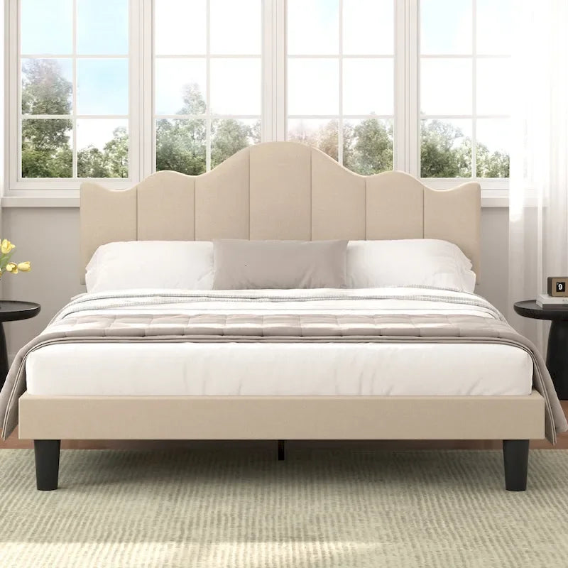 Upholstered Platform Bed Frame with Adjustable Headboard and Wood Slats