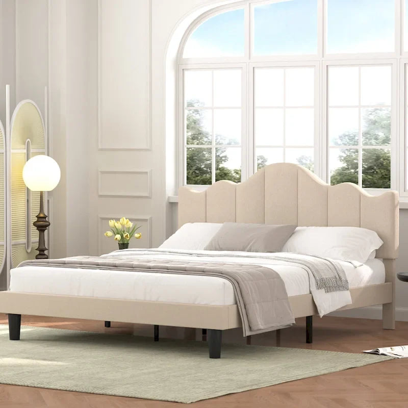 Upholstered Platform Bed Frame with Adjustable Headboard and Wood Slats