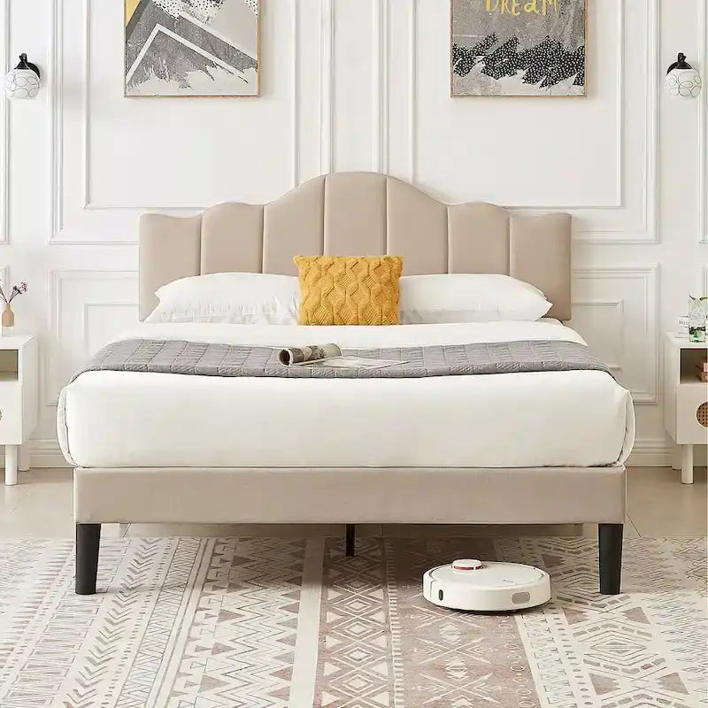 Upholstered Platform Bed Frame with Adjustable Headboard and Wood Slats