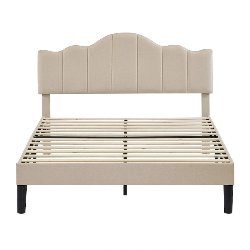 Upholstered Platform Bed Frame with Adjustable Headboard and Wood Slats