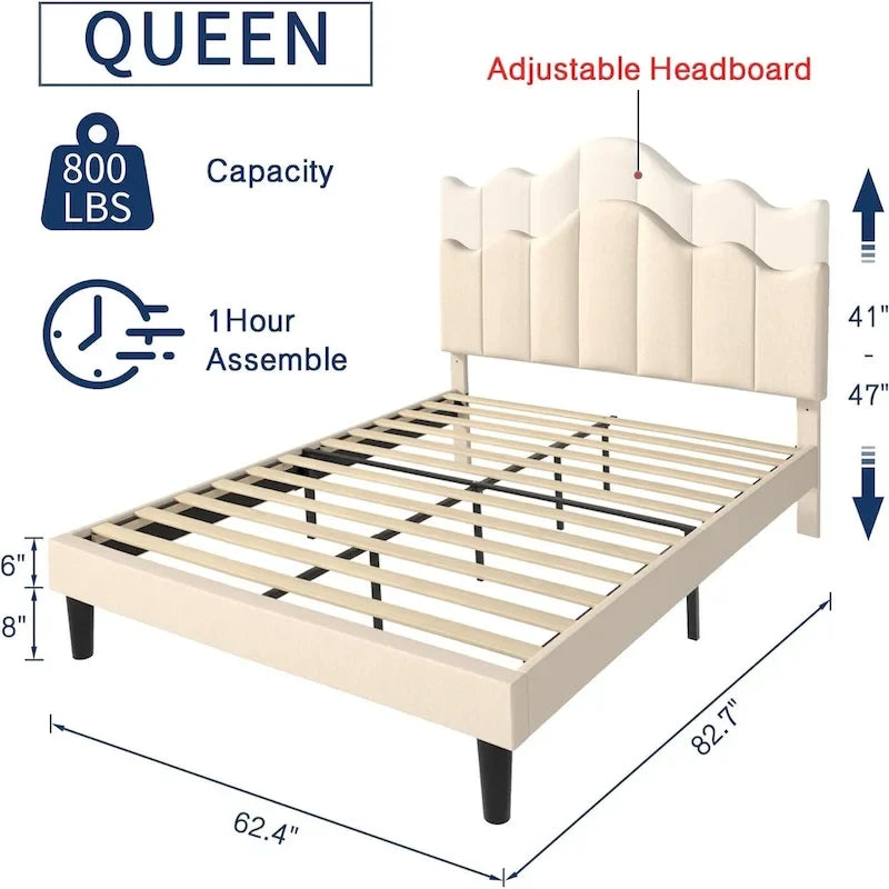 Upholstered Platform Bed Frame with Adjustable Headboard and Wood Slats
