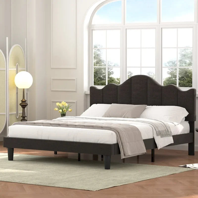 Upholstered Platform Bed Frame with Adjustable Headboard and Wood Slats