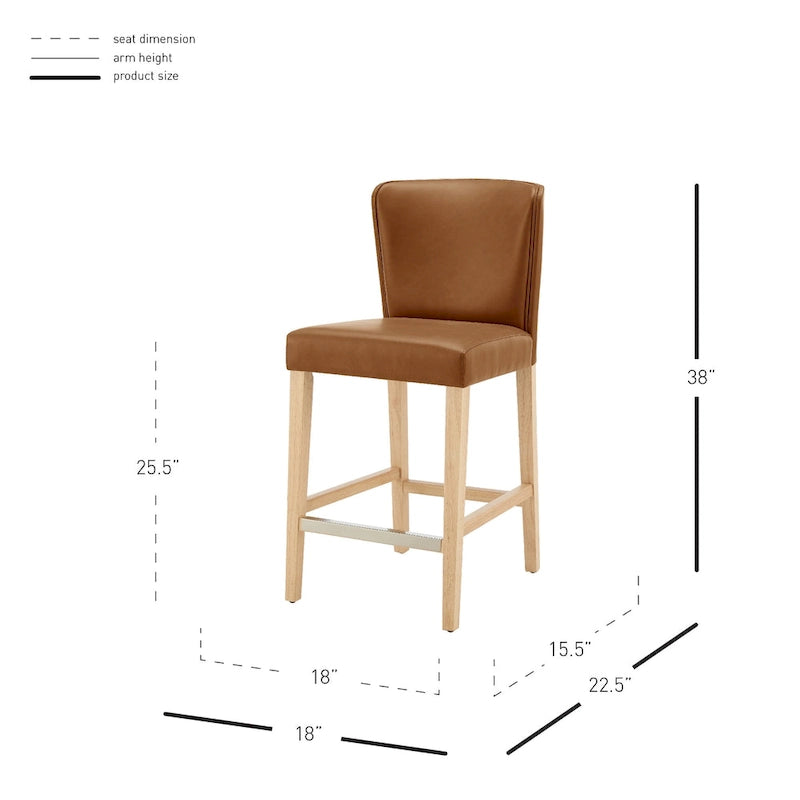 Caramel Faux Leather Wingback Counter Stool with Beech Wood Legs