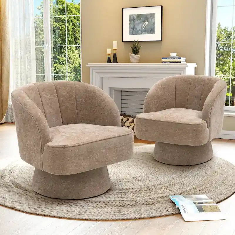 Swivel Accent Chair with Linen Upholstery and Wooden Pedestal Base