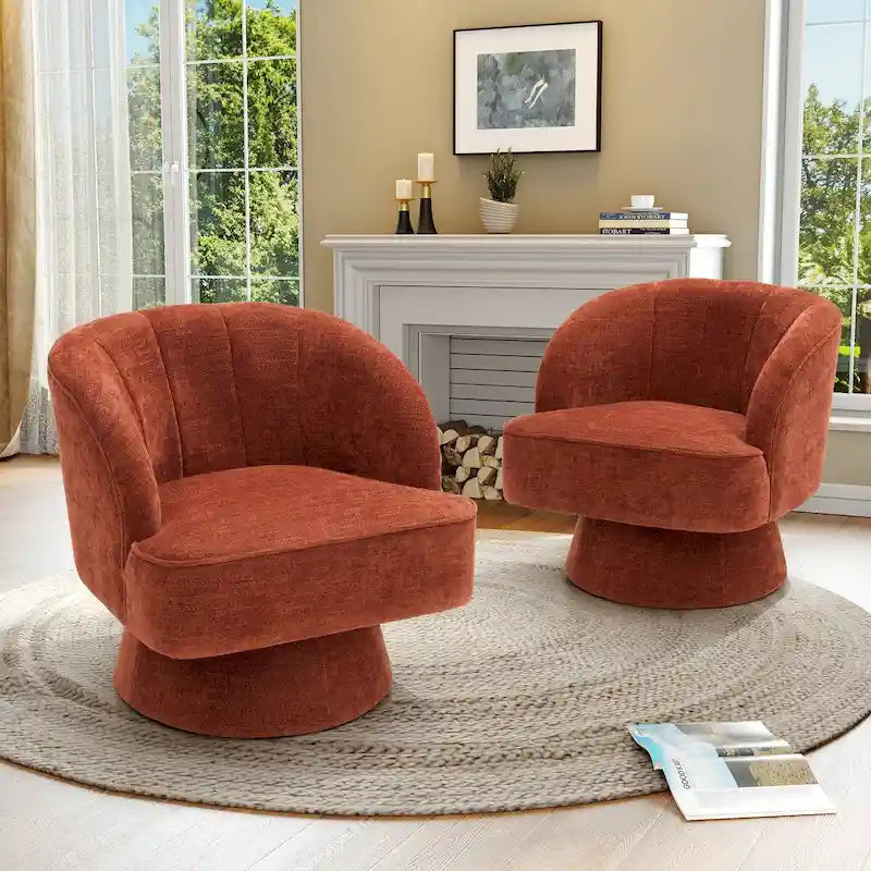 Swivel Accent Chair with Linen Upholstery and Wooden Pedestal Base