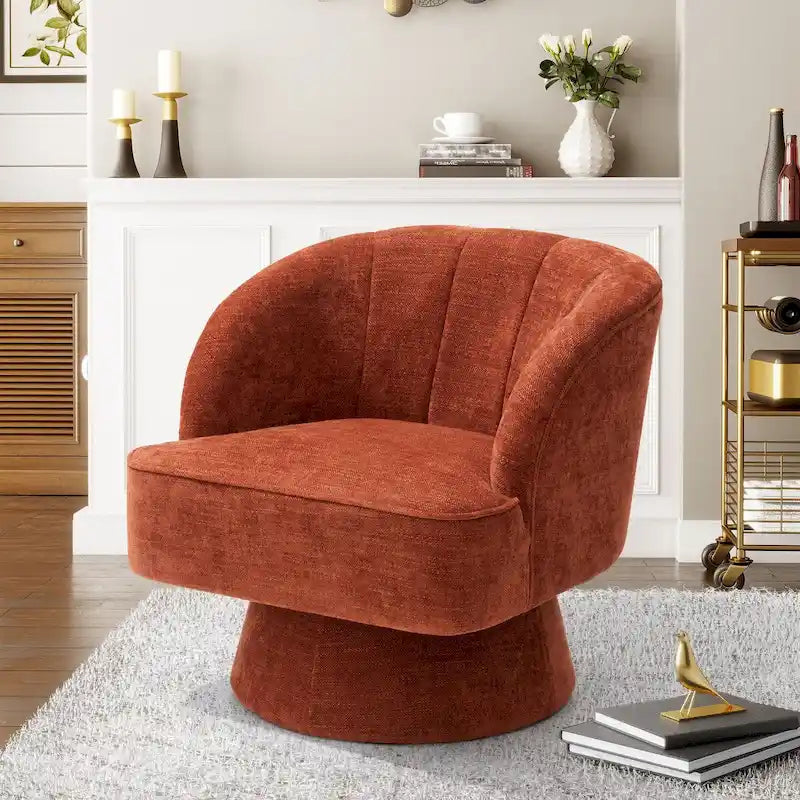 Swivel Accent Chair with Linen Upholstery and Wooden Pedestal Base
