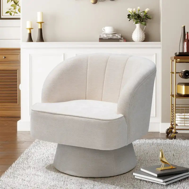 Swivel Accent Chair with Linen Upholstery and Wooden Pedestal Base