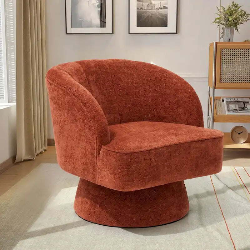 Swivel Accent Chair with Linen Upholstery and Wooden Pedestal Base