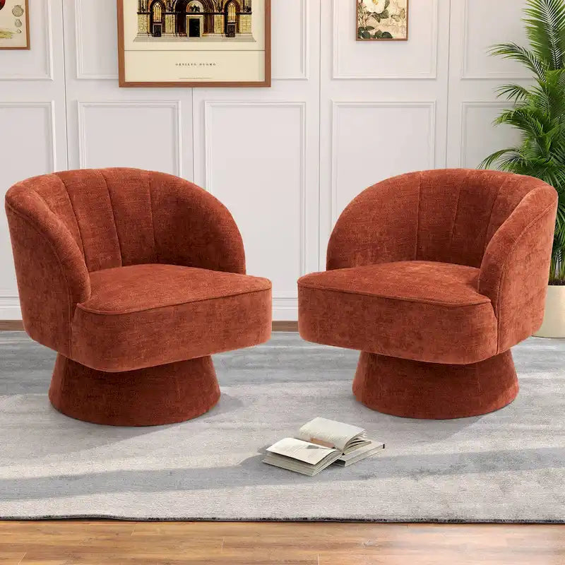 Swivel Accent Chair with Linen Upholstery and Wooden Pedestal Base