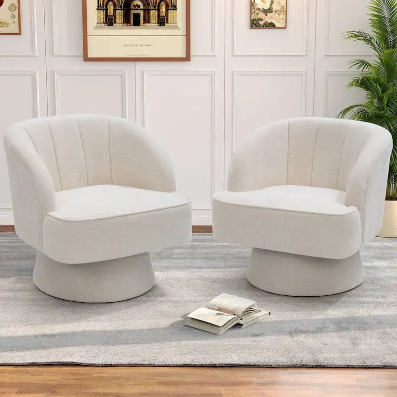 Swivel Accent Chair with Linen Upholstery and Wooden Pedestal Base